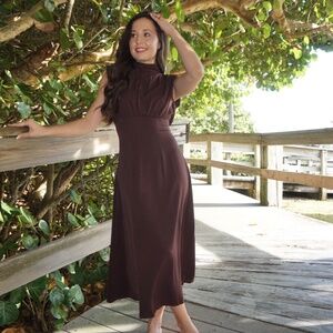 Chic Brown High Neck Shoulder Pad Dress